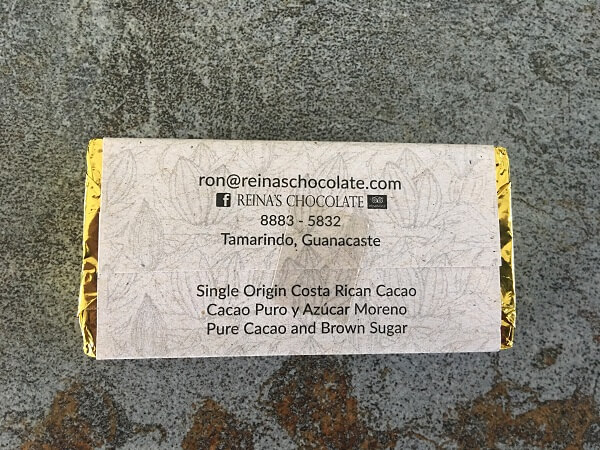 Back label of Reina's chocolate bar.