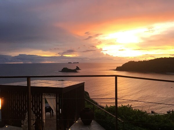 Sunset view of the Pacific Ocean from our table.